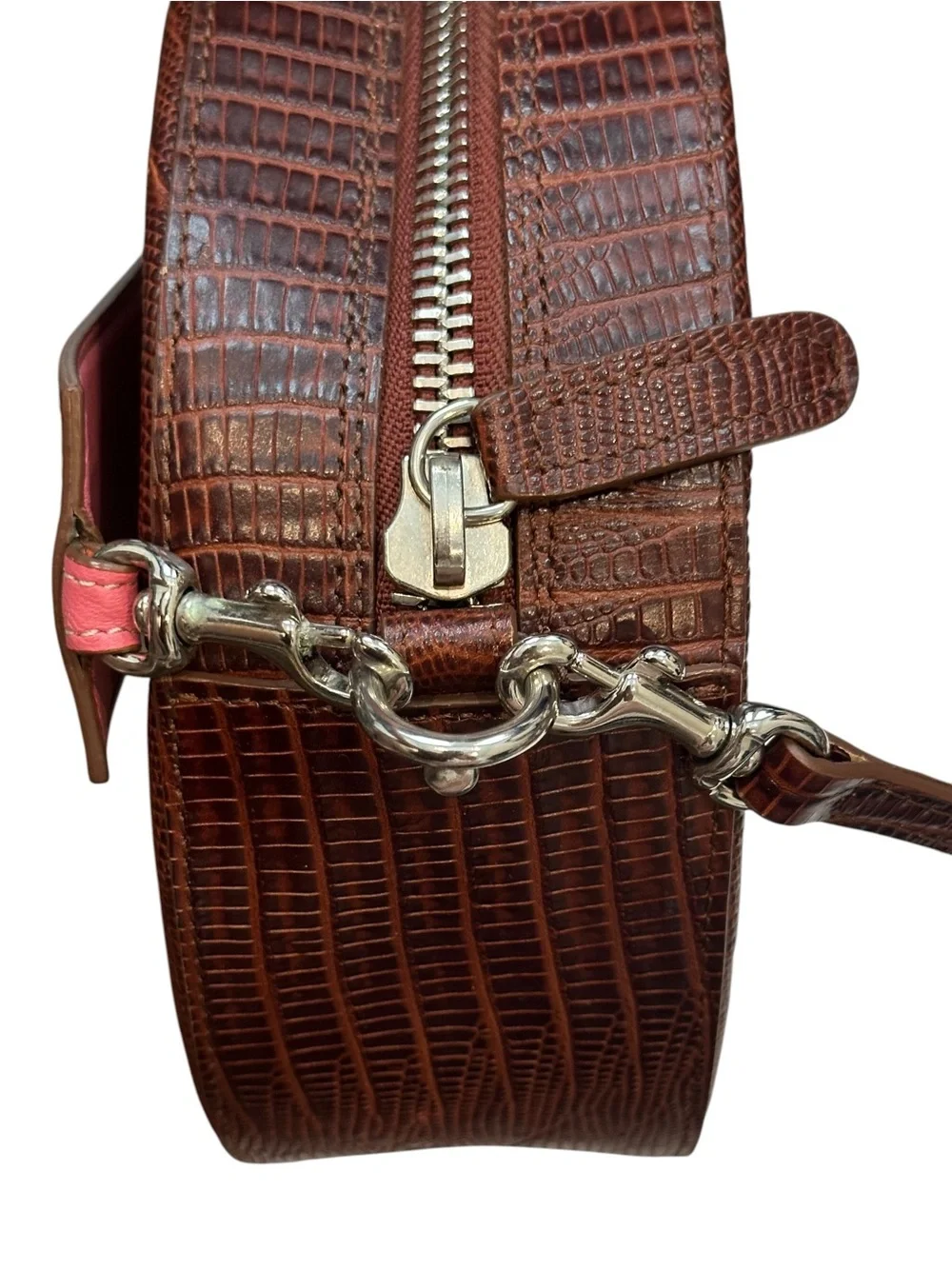 Little Liffner Croc-Embossed Leather Tambourine Circular Crossbody Cognac Brown